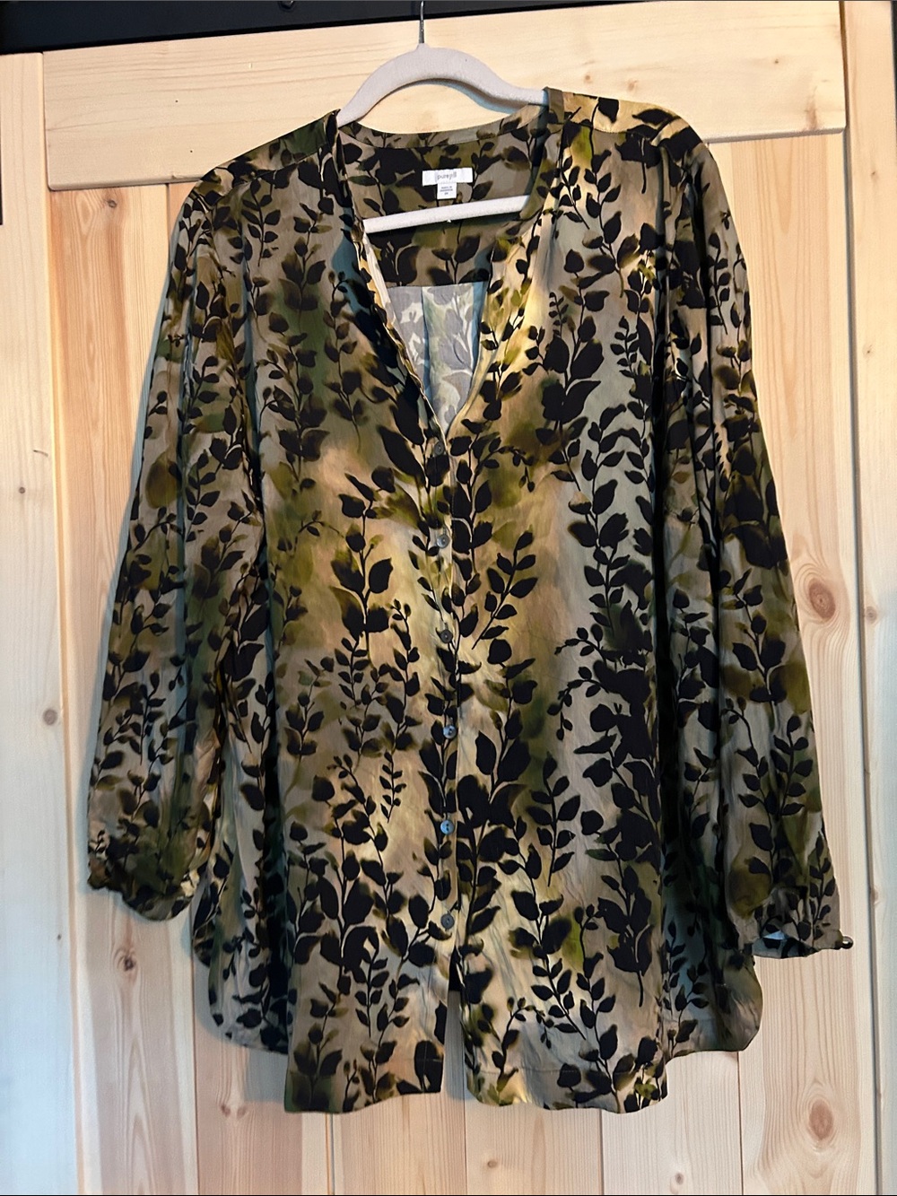 Pure Jill Long Sleeve Blouse in Olive Leaf Print